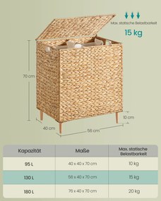 Cesto da roupa suja 56 x 40 x 70 cm com 2 compartimentos, 130 L, em jacinto-de-água, cor natural