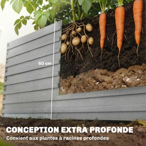 Floreira jardim 240 x 120 x 60 cm, elevada galvanizada com rebordo de segurança e fundo aberto, cinzento prateado