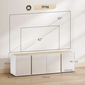 Móvel para televisão com 4 portas com fecho amortecido, prateleira ajustável e passagem para cabos, 135 x 38 x 45 cm, branco