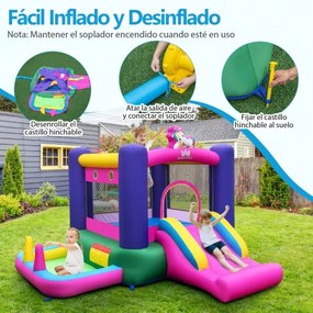 Castelo insuflável 6 em 1 para crianças (SEM VENTILADOR) com escorrega Piscina de bolas Área de salto Cesto de basquetebol Multicolor