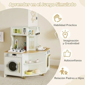 Cozinha de brincar para crianças de canto em madeira 62 x 62 x 80 cm com torneira e lava-louças funcionais Micro-ondas e máquina de lavar louça bege