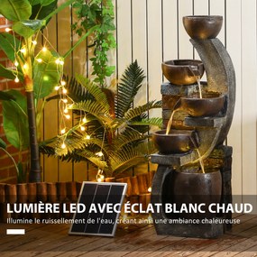 Fonte de água para exterior com 5 níveis, fonte de jardim com luzes LED, painel solar e bomba, em resina cinzenta e castanha