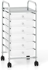 Carrinho de Armazenamento com 6 Gavetas, 33 x 38 x 66 cm, Rodas Giratórias com Travão, Branco