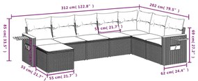 8 pcs conjunto sofás de jardim c/ almofadões vime PE cinzento