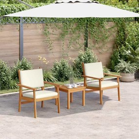 Conjunto de Bistro de Jardim 3 Peças com Almofadas em Madeira Sólida de Acácia