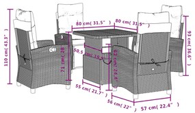 5 pcs conjunto de jantar p/ jardim c/ almofadões vime PE preto