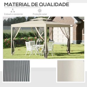Pérgola de Jardim 297x297x268 cm com Redes Mosquiteiras Laterais com Fecho de Correr Teto de Ventilação e 8 Orifícios de Drenagem Bege