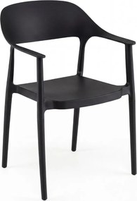 Cadeira de jantar em plástico com encosto curvo, braços e assento amplo; para uso interior e exterior, na sala, terraço ou jardim Preta