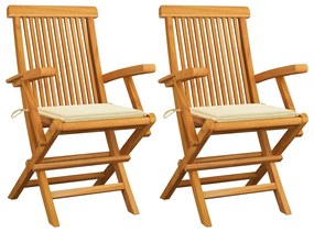 Cadeiras de jardim c/ almofadões creme 2 pcs teca maciça
