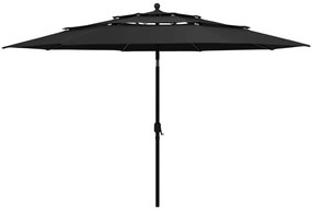 Guarda-sol de jardim 3 camadas c/ poste de alumínio 3,5 m preto