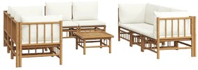 9 pcs conjunto lounge de jardim bambu c/ almofadões branco nata