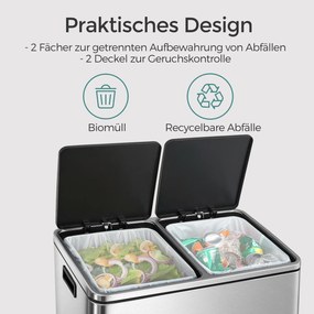 Caixote do lixo com 2 compartimentos de 60 L, 59 x 36,5 x 65,2 cm prateado + preto
