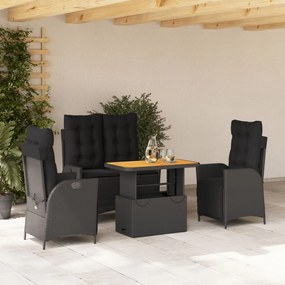 vidaXL 4 pcs conjunto de jardim p/ jardim c/ almofadões vime PE preto