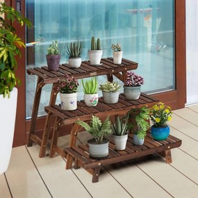 Suporte para plantas de madeira, 3 peças em qualquer combinação Escada para flores carbonizada para interior e exterior Castanho
