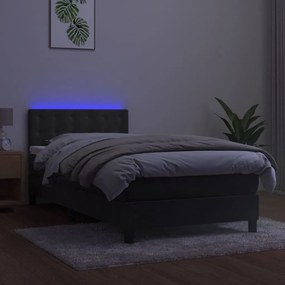 Cama box spring c/ colchão/LED 90x200 cm veludo cinzento-escuro