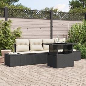 Conjunto de Sofá de Jardim 5 Peças com Almofadas Preto Rattan PE