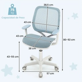 Cadeira giratória de secretária para crianças com rodas reguláveis em altura com travões Apoios de braços lisos 57 x 57 x 80-92 cm Azul