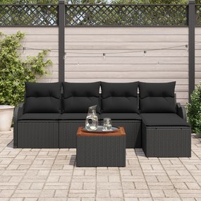 Conjunto de Sofás de Jardim de 6 Peças com Almofadas Preto Vime Poliés