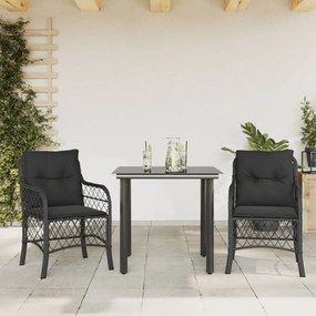 3 pcs conjunto de bistrô com almofadões vime PE preto