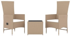 3 pcs conjunto lounge para jardim vime PE e aço bege