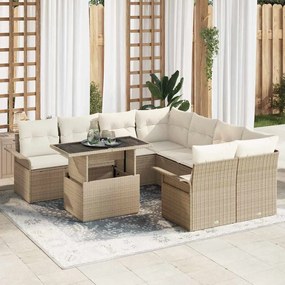 vidaXL Conjunto de Sofá de Jardim de 9 Peças com Almofadas em Rattan Polido Bege