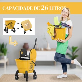 Balde de Esfregona com Rodas Espremedor Desmontável de Pressão para Baixo Capacidade 26 L Inclui Esfregona e Asa 45x31x90 cm  Amarelo
