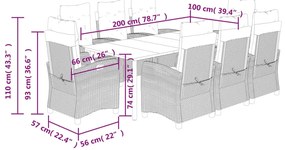 9 pcs conjunto de jantar p/ jardim c/ almofadões vime PE preto