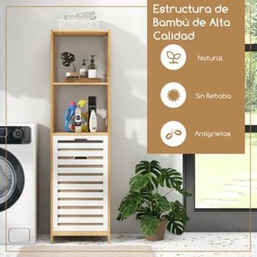 Cesto para roupa suja inclinável 36 x 33 x 130 cm, com 4 níveis extraíveis, em bambu, com prateleiras, organizador para lavandaria, casa de banho e qu