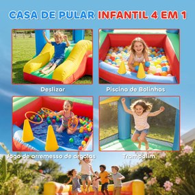 Castelo Insuflável para Crianças com Escorrega Cama Elástica Piscina de Bolinhas Jogo de Aros Toldo e Bolsa de Transporte 290x230x200 cm Multicor