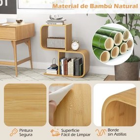 Estante de bambu de 2 níveis em forma de S com 2 cubos abertos geométrica para escritório em casa Natural