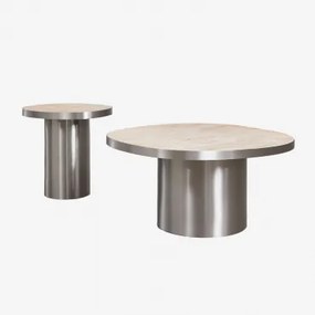 Conjunto De 2 Mesas De Centro Em Pedra Natural E Aço Inoxidável Fertrix Travertino - Sklum