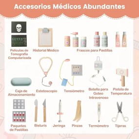 Kit médico de madeira para crianças com carrinho e máquina de tomografia computadorizada Estetoscópio Centro de atividades móvel Brinquedo para crianç
