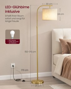Candeeiro de pé com altura regulável de 150 a 175 cm, com interruptor de pé em dourado claro