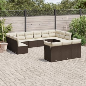 vidaXL 13 pcs conjunto sofás p/ jardim c/ almofadões vime PE castanho