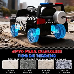 Carro Elétrico para Crianças de Polícia 12V com Motor Duplo Suspensão em 4 Rodas Sirene Faróis LED Porta USB Bluetooth e Música Branco