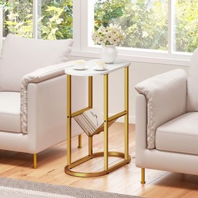 Mesa apoio, mesa de cabeçeira Estreita 60 x 28,5 x 64 cm com Tampo de Imitação Mármore  e Suporte para Revistas Estrutura Metálica Dourada e Branco
