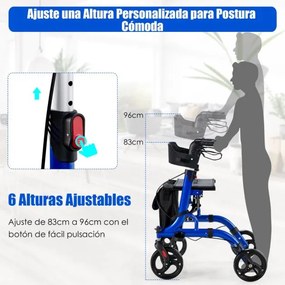 Andarilho idosos de rodas dobrável 2 em 1 com assento em liga de alumínio Pegas ajustáveis Sistema de travão duplo Azul