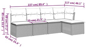 5 pcs conjunto sofás de jardim c/ almofadões vime PE cinzento