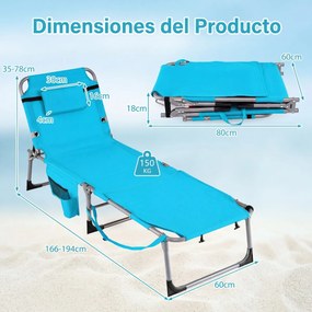 Conjunto de 2 Espreguiçadeiras de Praia Dobráveis, 166 x 60 x 35 cm, Encosto e Apoio para os Pés Ajustáveis, Azul