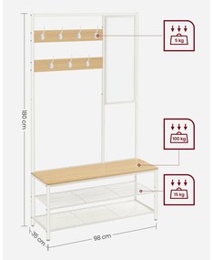 Bengaleiro, móvel de entrada com espelho e ganchos 35 x 98 x 180 cm cor de carvalho e branco