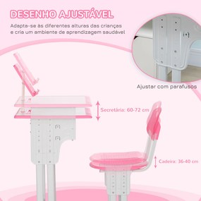 HOMCOM Conjunto de Secretária e Cadeira para Crianças de 6-12 Anos Secretária Infantil com Altura Ajustável 1 Gaveta 1 Suporte para Lápis e 1 Prateleira para Livros 60x45x90-120 cm Rosa
