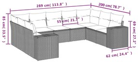 9 pcs conj. sofás jardim com almofadões vime PE cinzento-claro