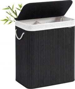 Cesto da roupa suja com 2 compartimentos, 100 L, com tampa, saco de bambu preto