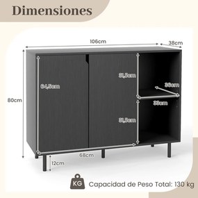 Aparador, Armário moderno para cozinha 106 x 38 x 80 cm com 2 portas e prateleira Preto