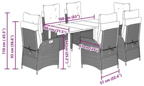 7 pcs conjunto de jantar p/ jardim com almofadões vime PE bege