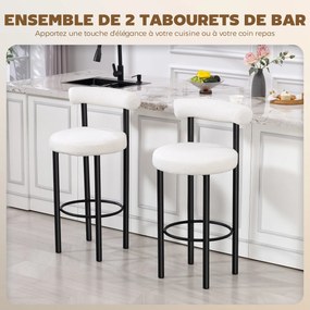Conjunto de 2 bancos de bar, em tecido felpudo, com encosto curvo e apoio para os pés, 50 x 52,5 x 98 cm, branco Creme
