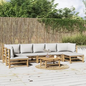 8 pcs conj. lounge de jardim bambu c/ almofadões cinzento-claro