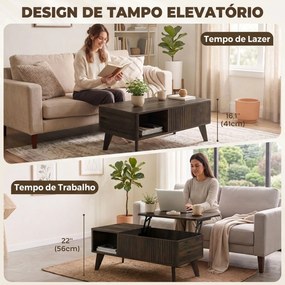 Mesa de Centro Elevatória 100x48x41 cm com Compartimento Oculto e Prateleiras Abertas 100x48x41-56 cm Cor Nogueira