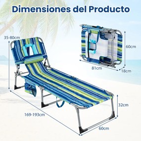 Espreguiçadeira dobrável para exterior, reclinável, com orifícios, apoio para o rosto, braços e encosto ajustável, bolsos, portátil, para praia e pisc
