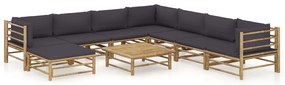 9 pcs conj. lounge jardim em bambu c/ almofadões cinza-escuro